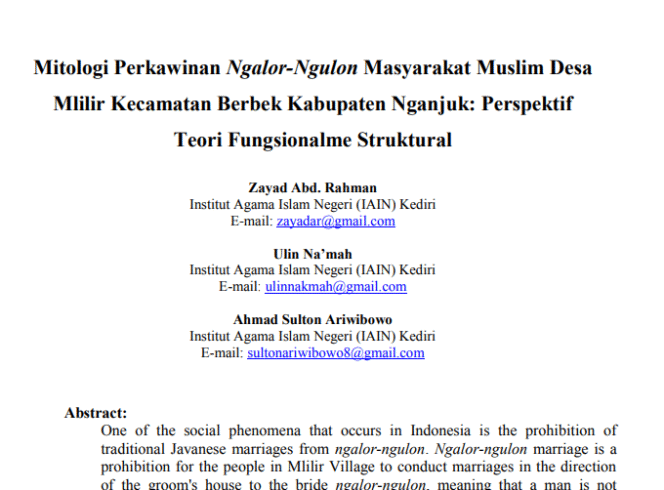 
 Mitologi Perkawinan Ngalor-Ngulon Masyarakat Muslim Desa Mlilir Kecamatan Berbek Kabupaten Nganjuk